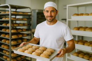 יצרן מחזיק תבנית מאפים בתוך מאפיה